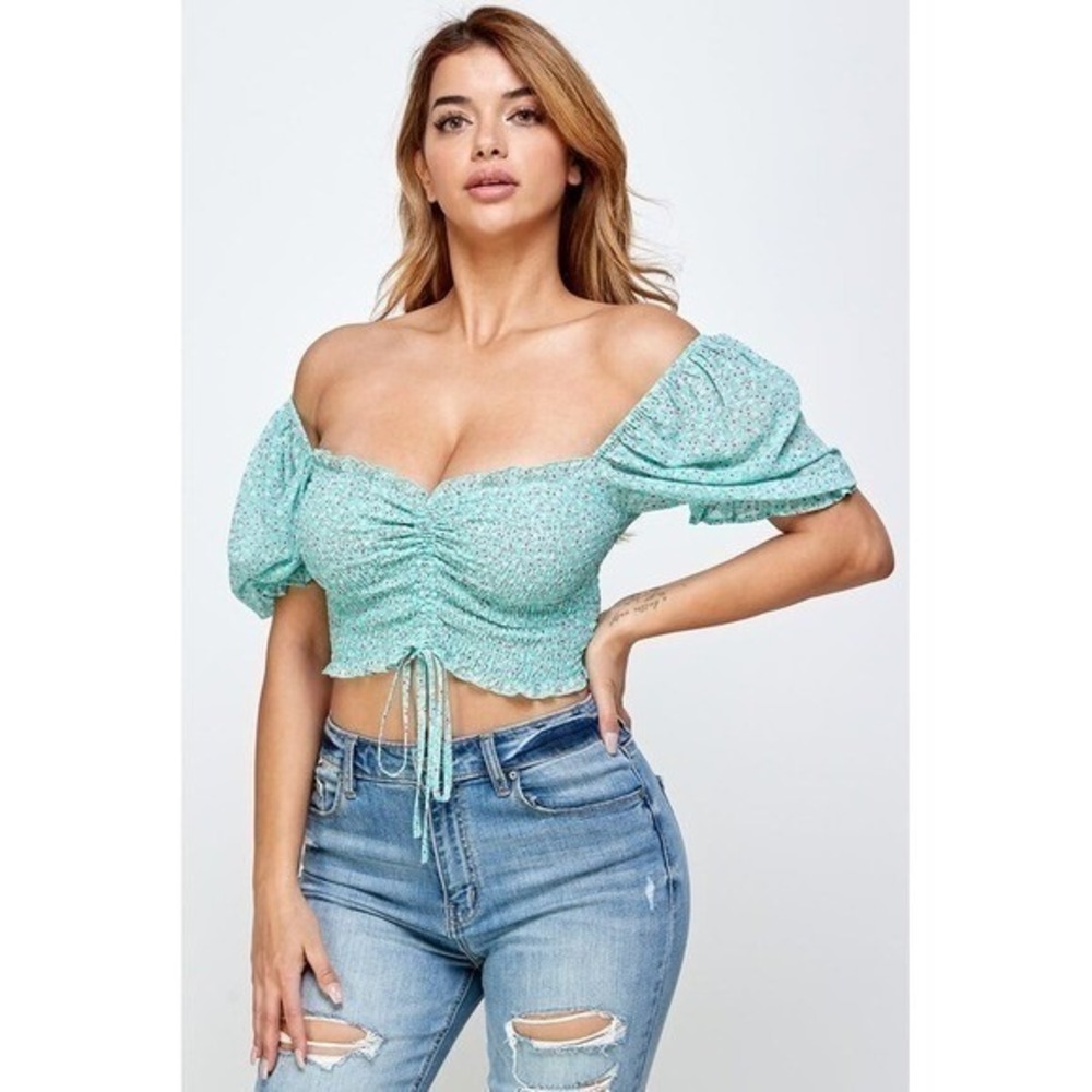 Women's Turquoise Floral Smocked‎ Off-Shoulder Puff Sleeve Crop Top Size Large